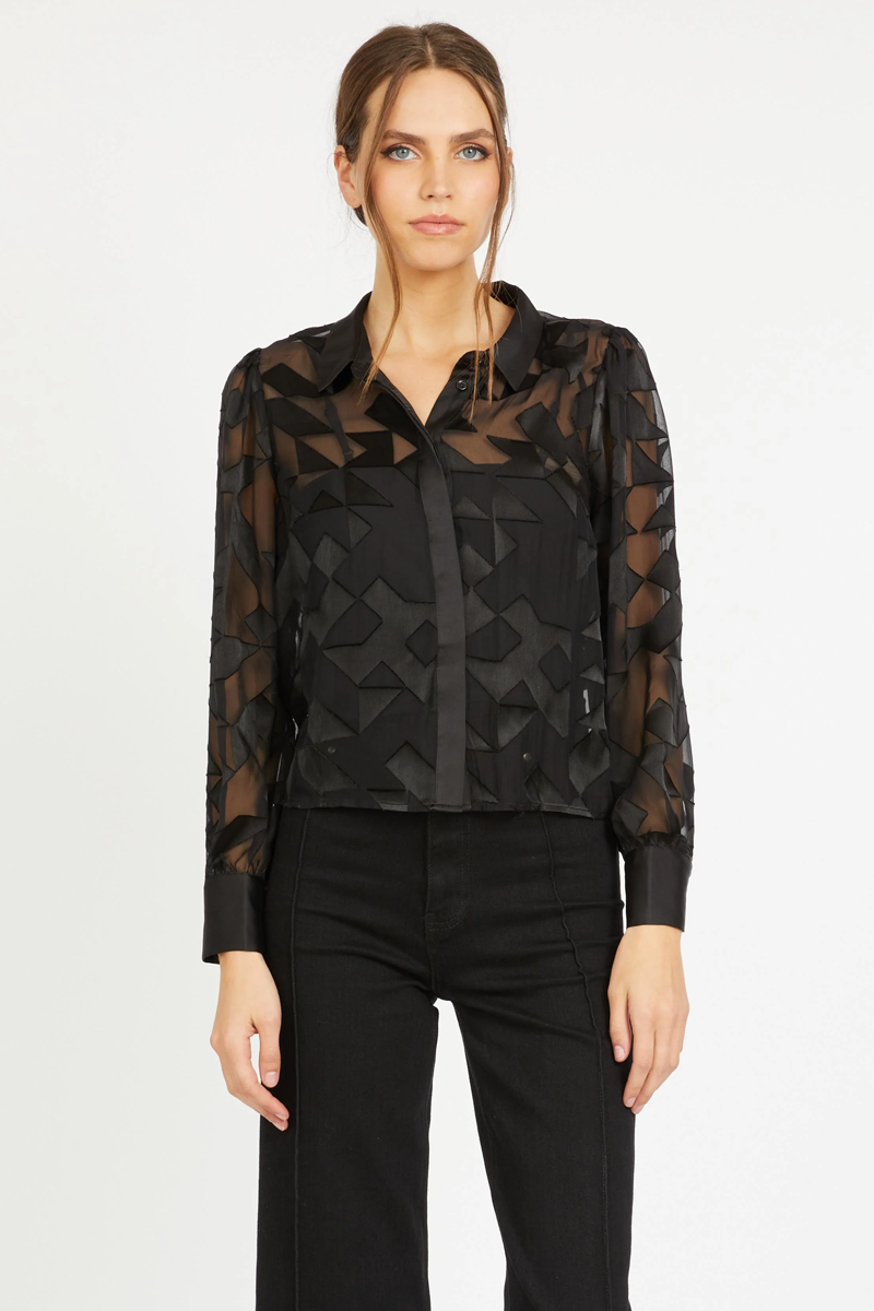 Emmie Top in Black Silk Geo Burnout