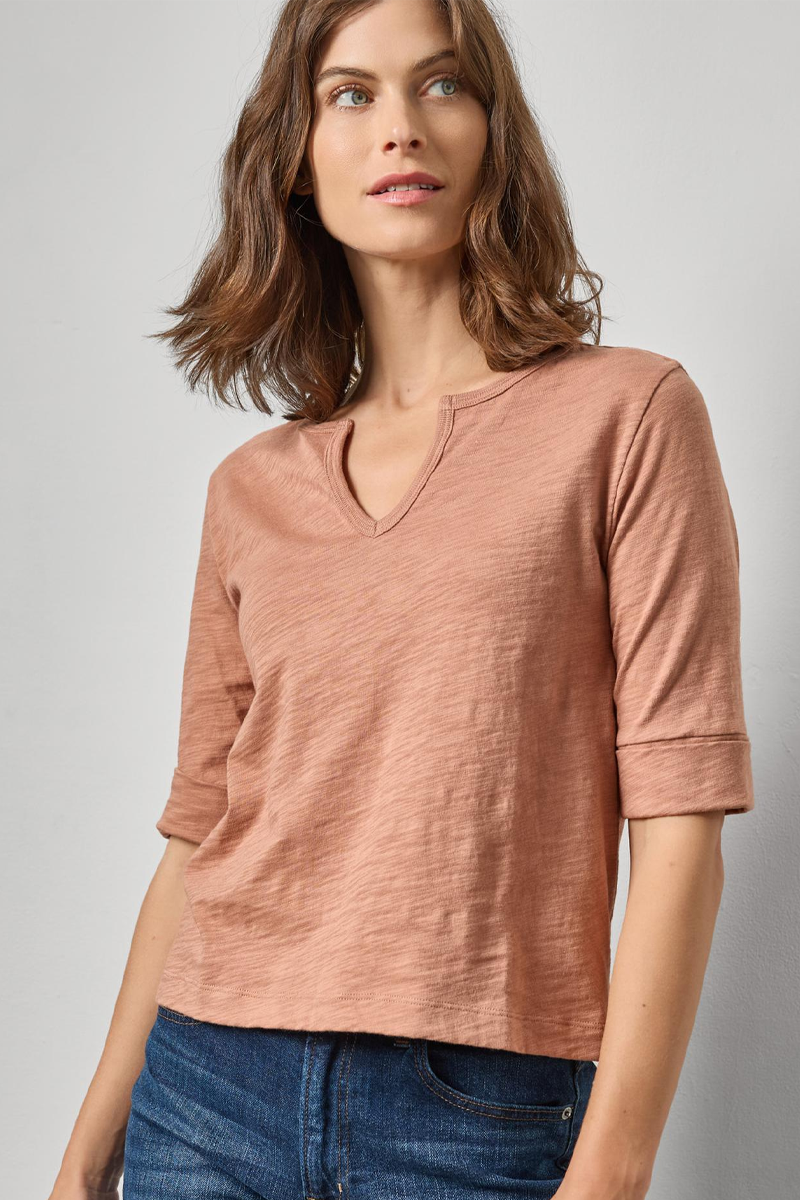 Lilla P Rib Trim Elbow Split Neck Shirt