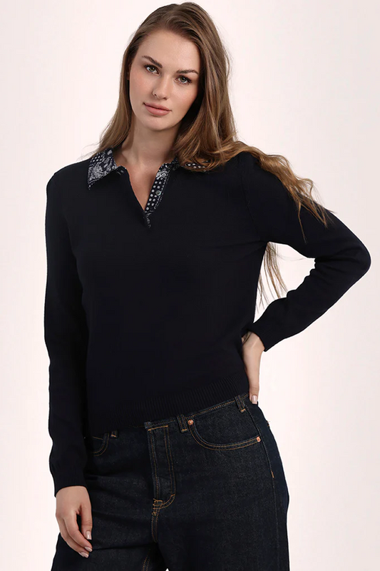 Cotton Cashmere Woven Bandana Collar Pullover